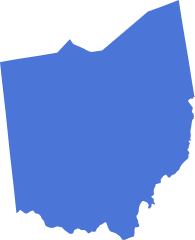 A blue icon in the shape of the US State of Ohio symbolizing pre-settlement funding in Ohio