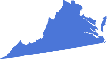 A blue icon in the shape of the US State of Virginia symbolizing pre-settlement funding in Virginia